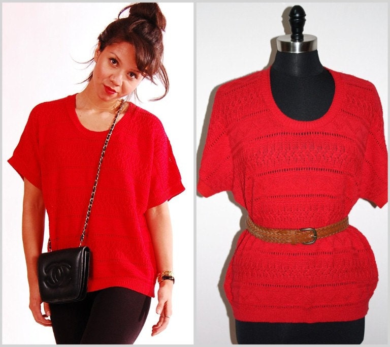 Vintage Red Crochet Sweater Top with Detailed Pattern. Size S/M