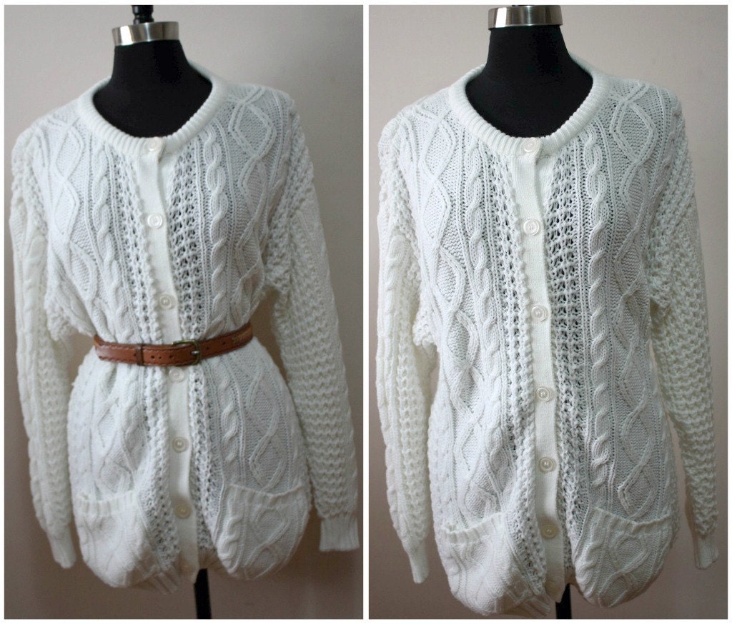 Vintage White Chunky Knit Fisherman Button Front Sweater. Size M