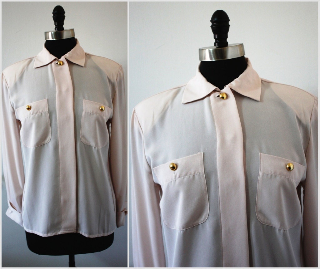 SALE. Vintage Soft Blush Pink Sheer Button Front Blouse with front pockets Size M/L Bust 36-38