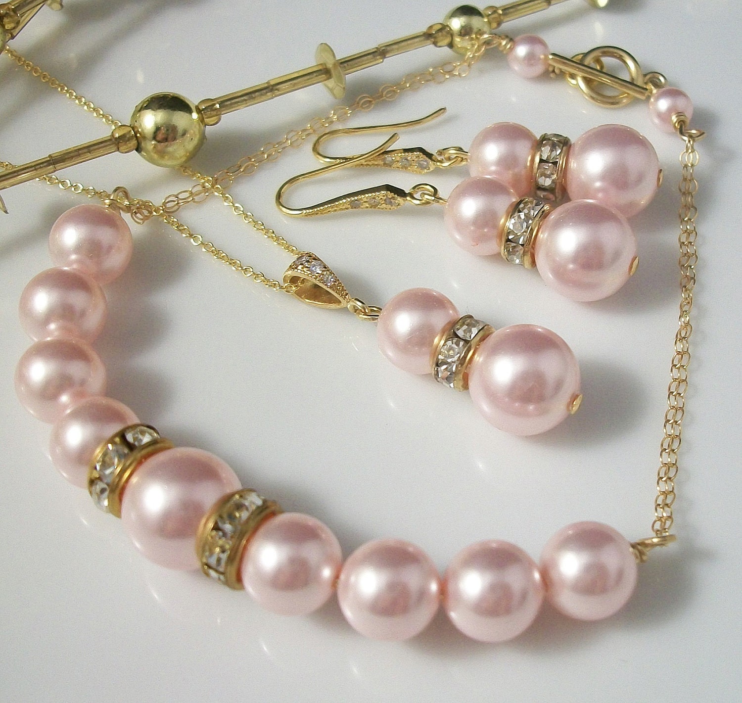Custom Bridal Pearl Wedding Necklace and Earring Set in 33 Custom Colors, Gold, Silver, Necklace, Earrings, Bracelet