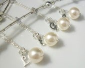 Custom Silver Pearl Necklace Bridesmaids Jewelry, Bridal Jewelry, Personalized Initial Charm  SET of FOUR