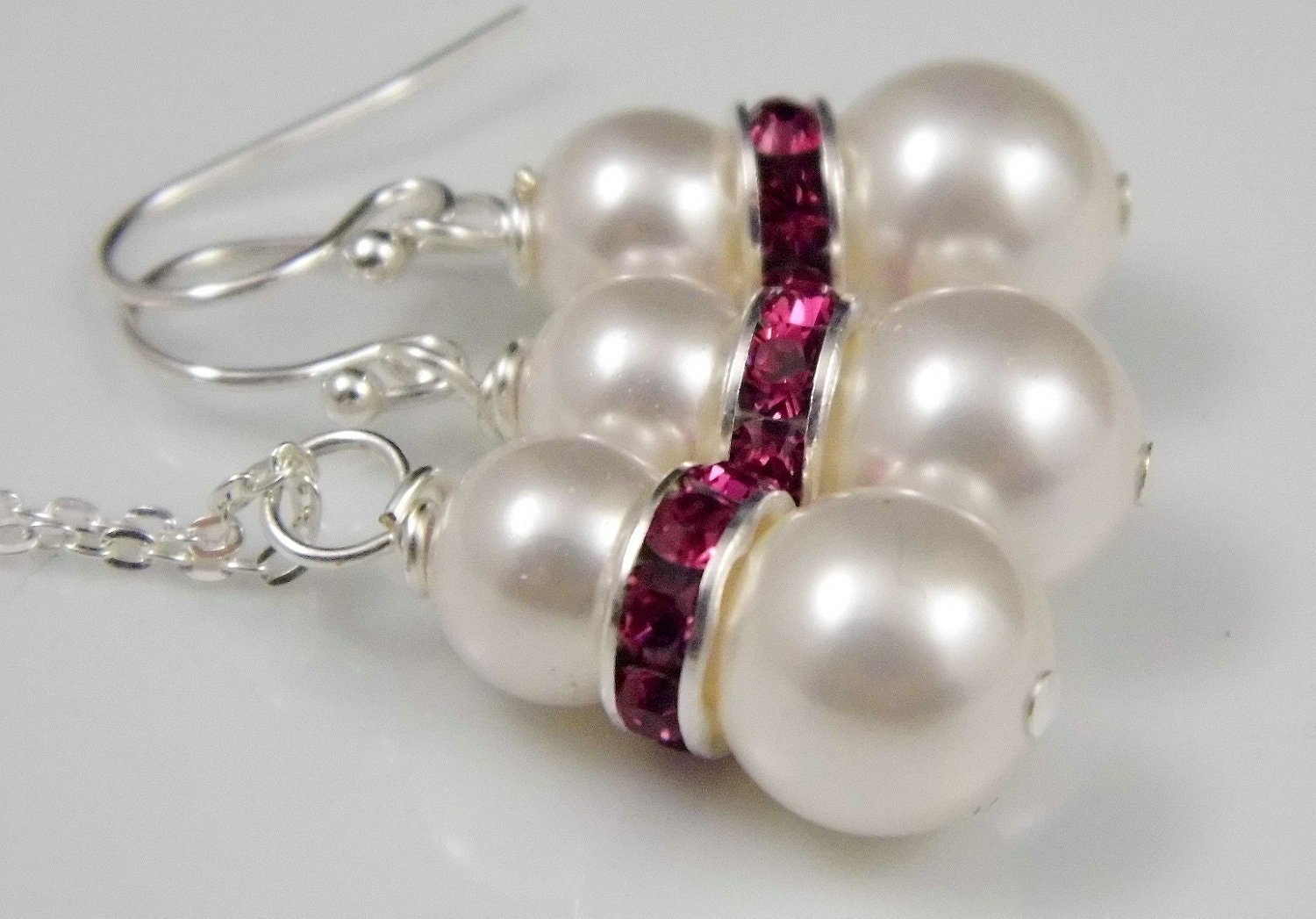 Pearl Necklace and Earring Set, Bridal Pearl Necklace and Earring Set, Swarovski Crystal Pearl Fuschia Set