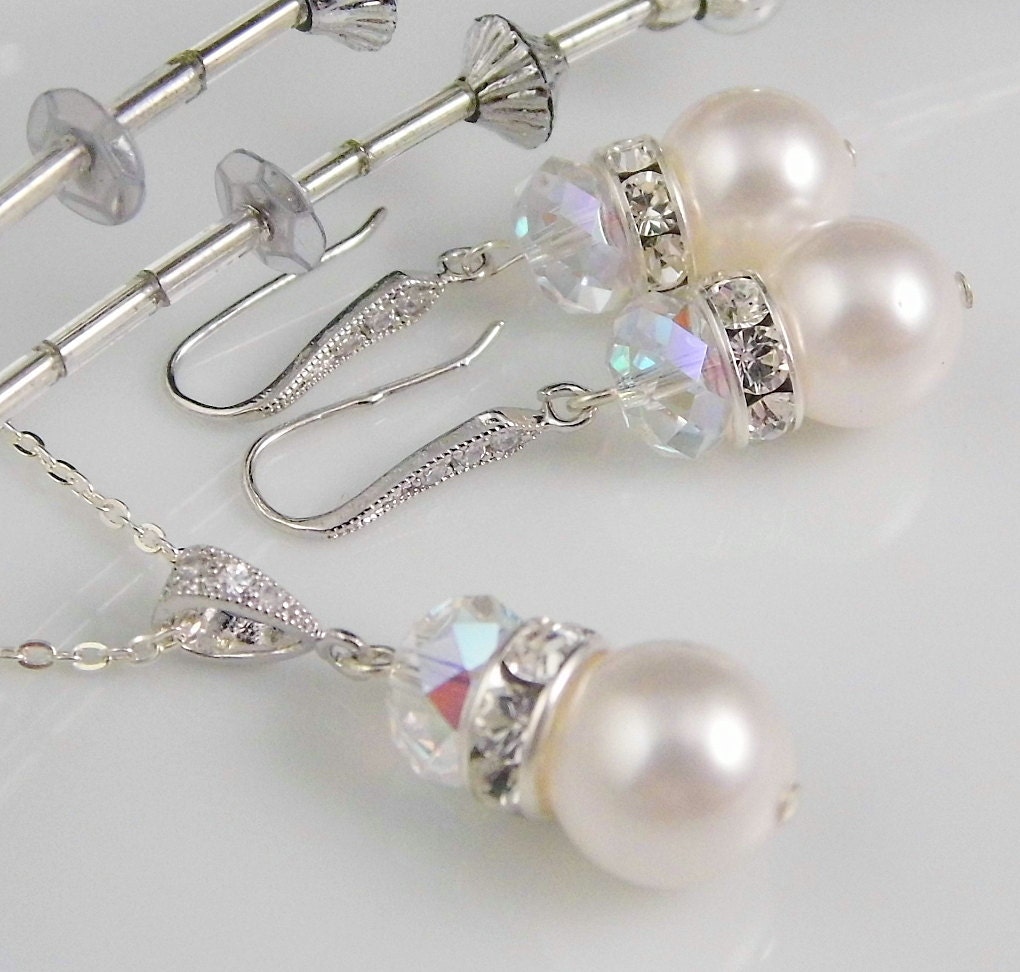 Bridal Set - Swarovski Crystal and Pearl Necklace and Earrings for Bride or Bridesmaids in Custom Color Pearls