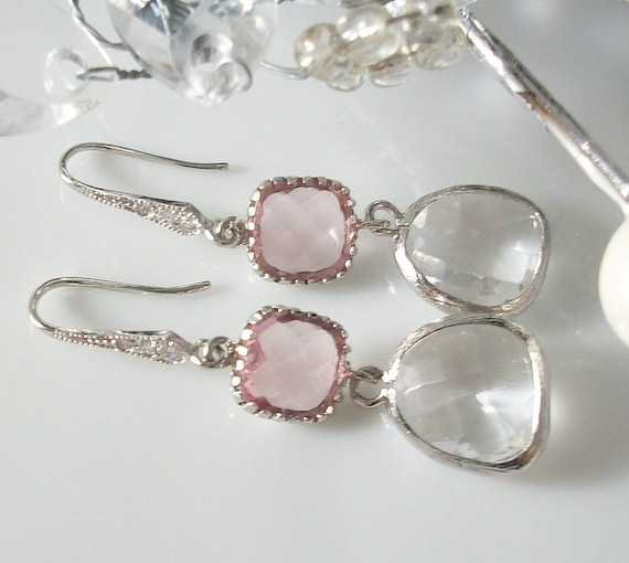 Pink and White Glass Crystal Cubic Zirconia Earrings, Pink Bridal Jewelry