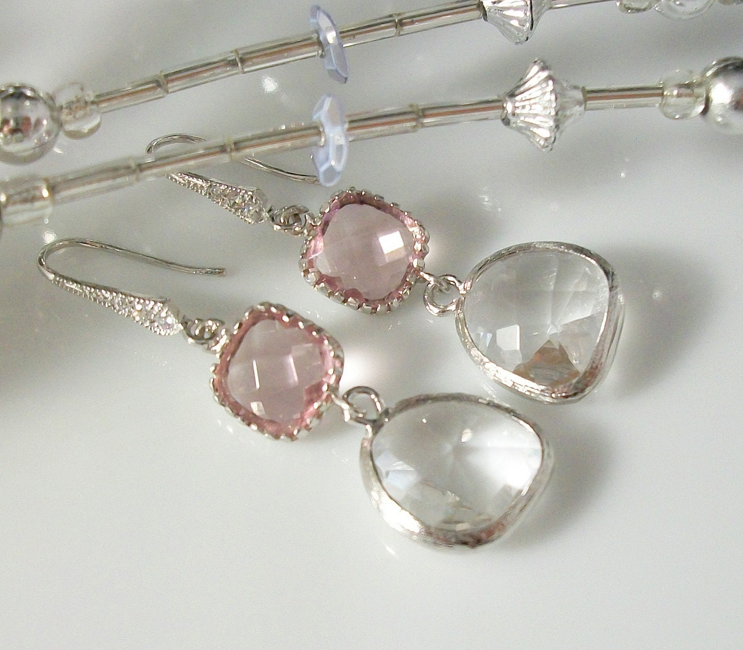 Pink and White Glass Crystal Cubic Zirconia Earrings, Pink Bridal Jewelry
