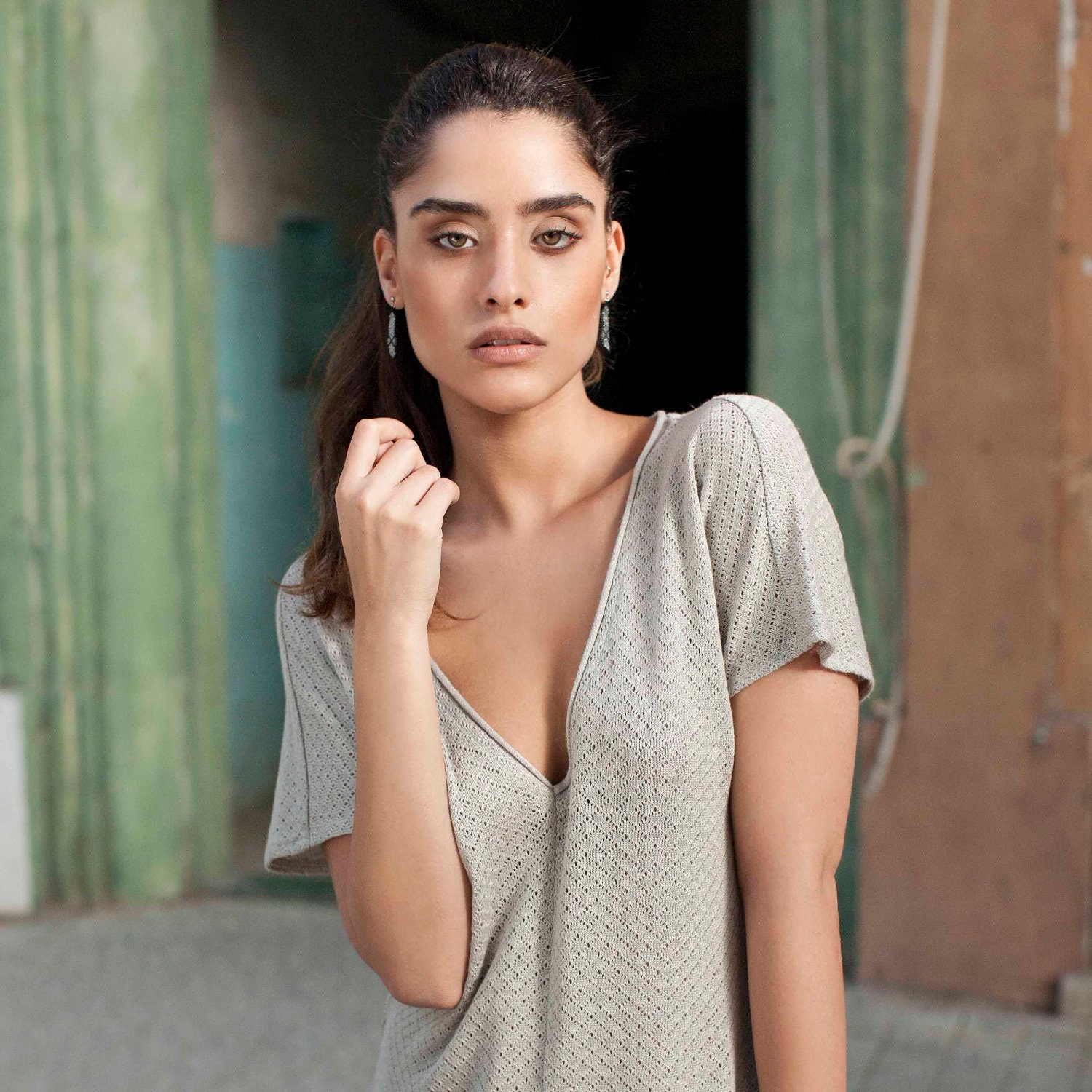 Women summer top ,Open women neck v blouse,  gray women shirt