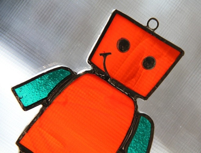 Handmade Glassbot the Stained Glass Robot (Orange & Teal)