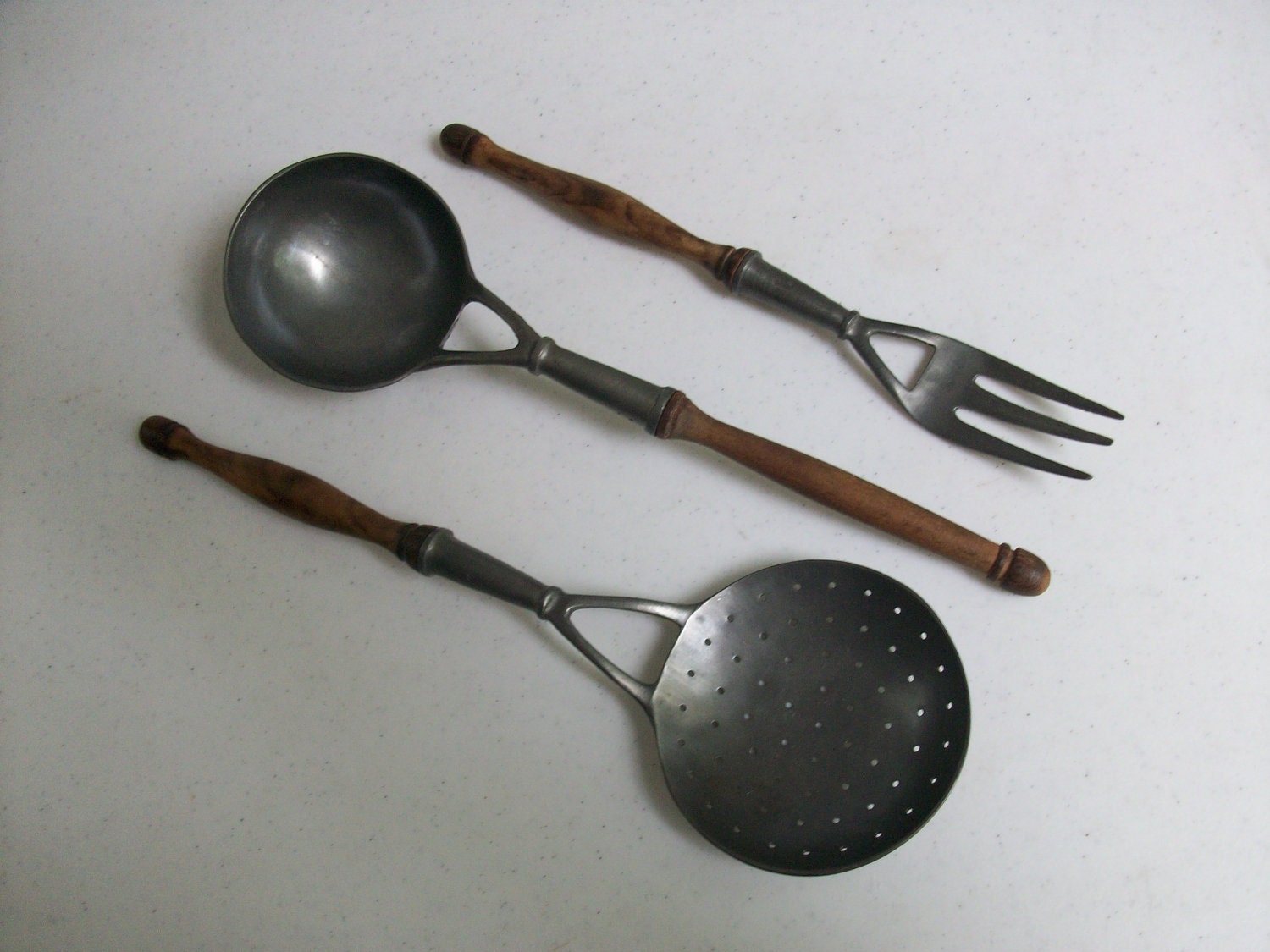 3 Pewter Wood Punch Soup Ladle Fork Slotted Spoon Instant Collection