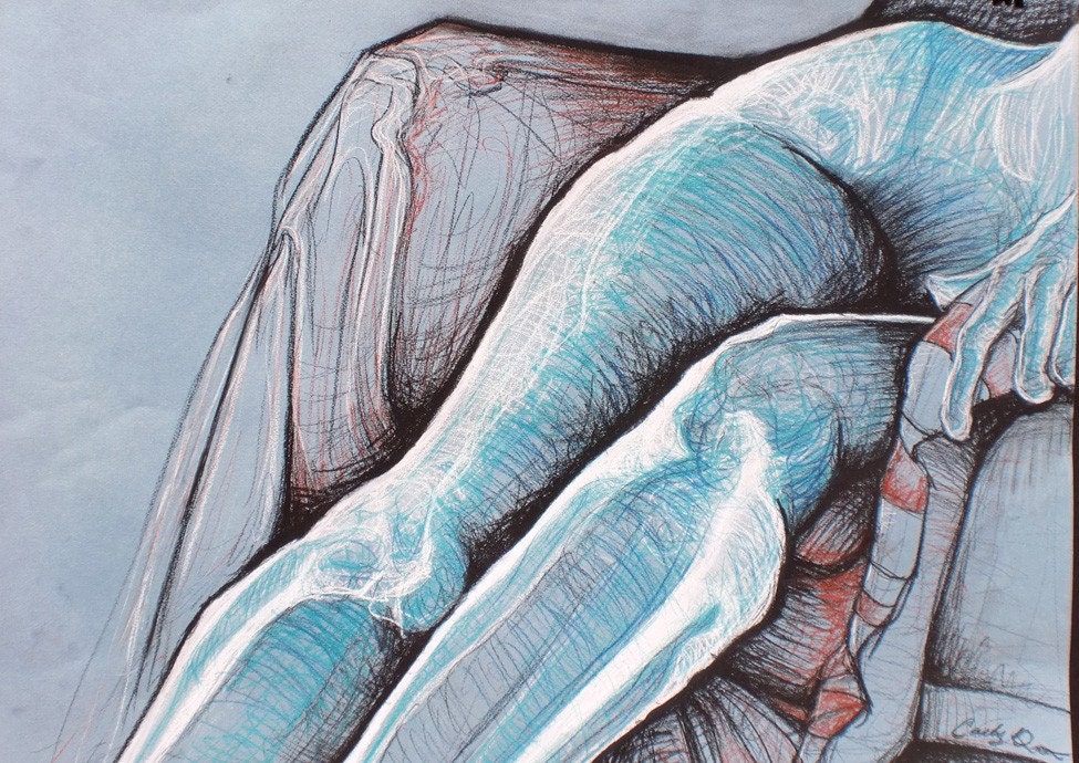Original Drawing Study in Light Blue & Res of a Nude Seated Figure
