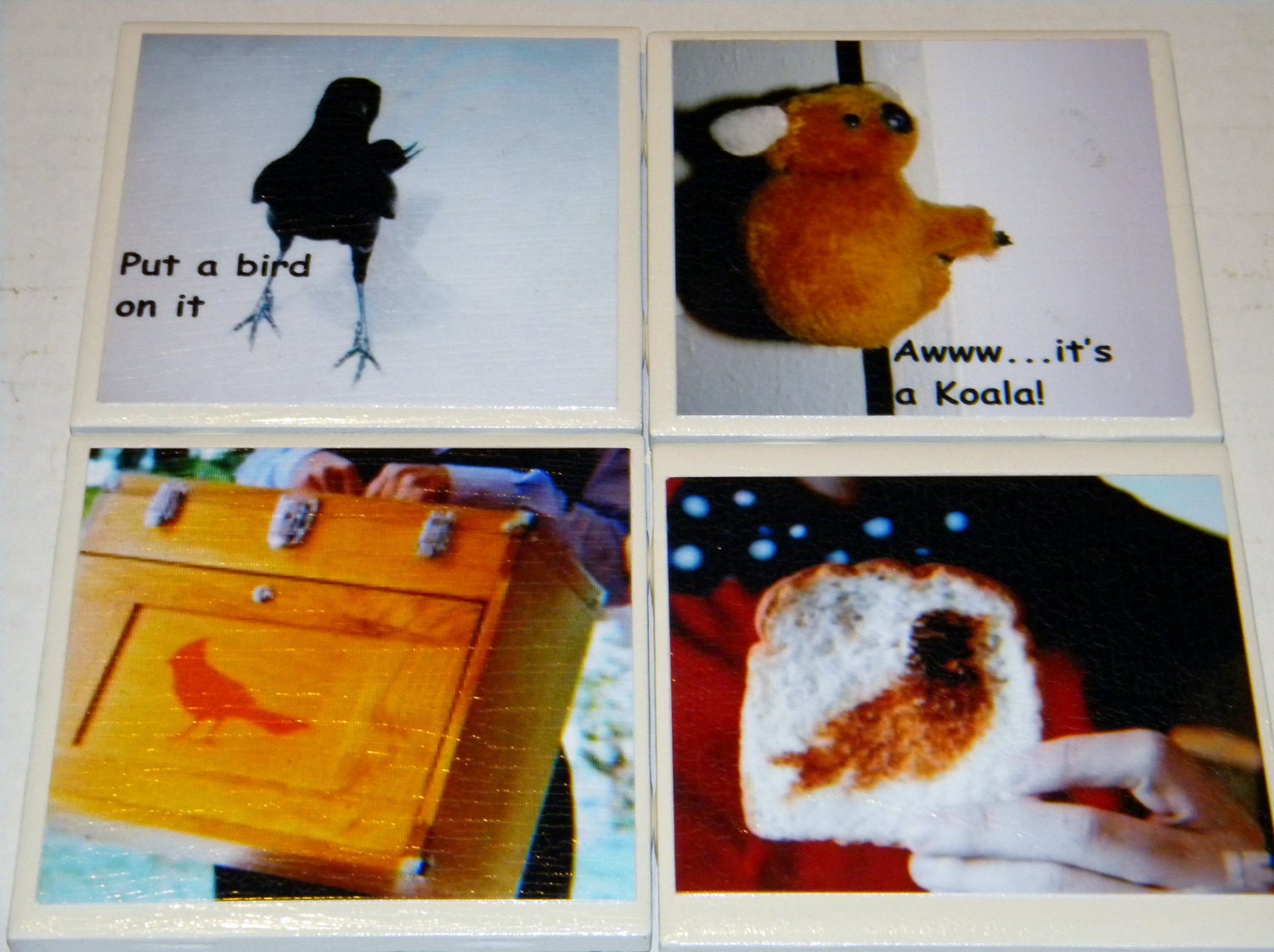 Portlandia Put a Bird on It Wall Art or Ceramic Tile Coaster Set of 4