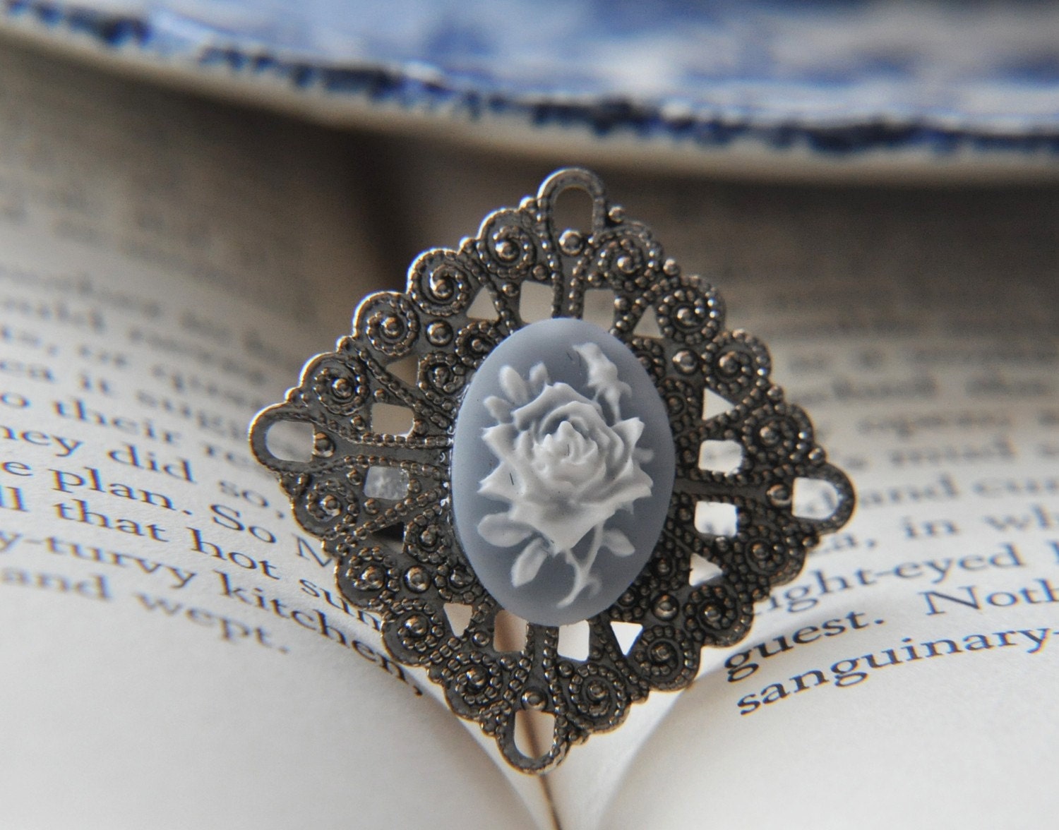 Powder Blue Cameo Ring - White Flower - Antique Silver Filigree - Adjustable - Sturdy