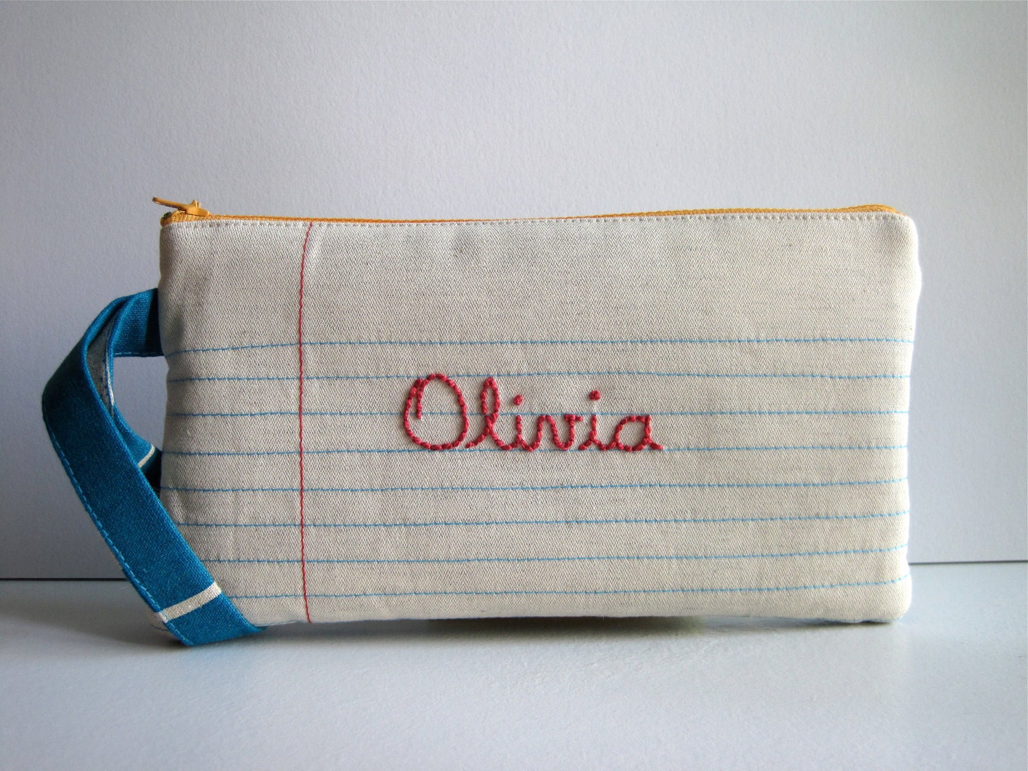 Lined Paper, Writing Paper Fabric and Hand-Embroidered Name. Pencil Case, Pencil Pouch, Wristlet.