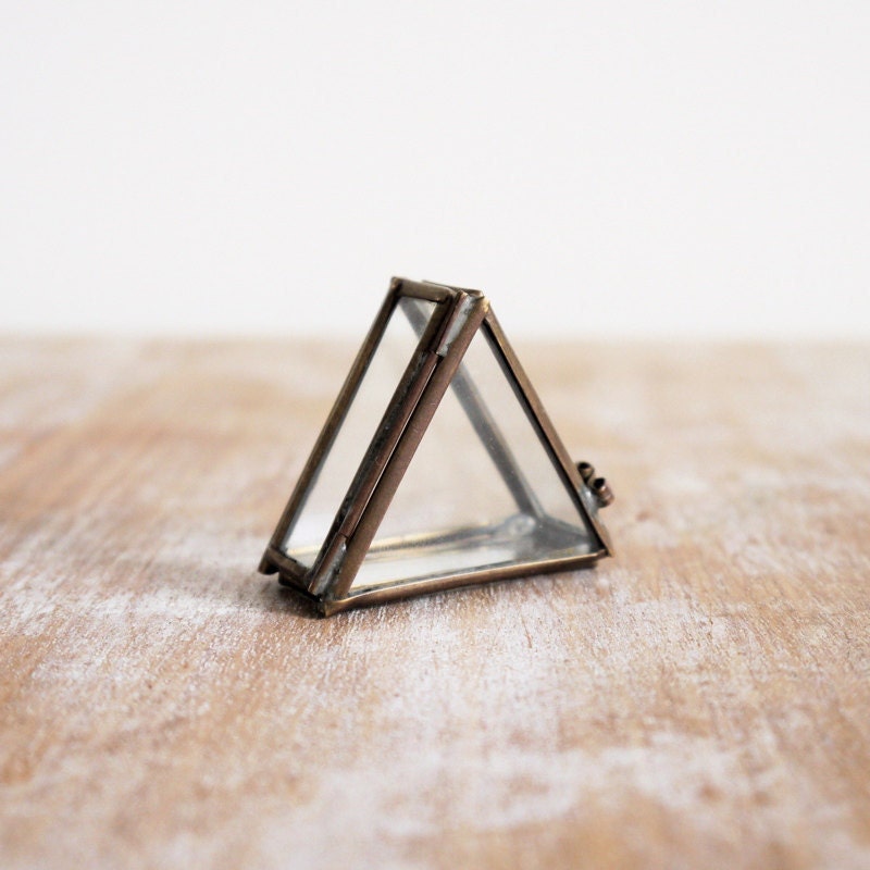 Vintage small triangle trinket glass and brass box with hinge