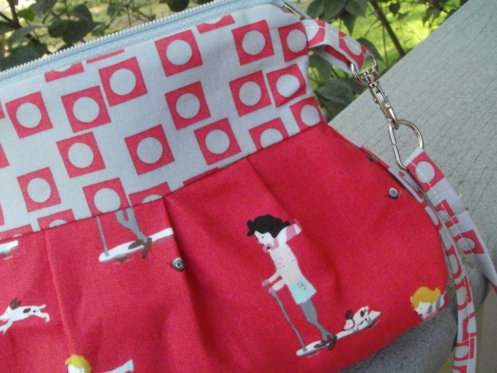 Crossbody Wristlet In Red and Gray - Scooters and Puppies With Children - Sherbet Pips