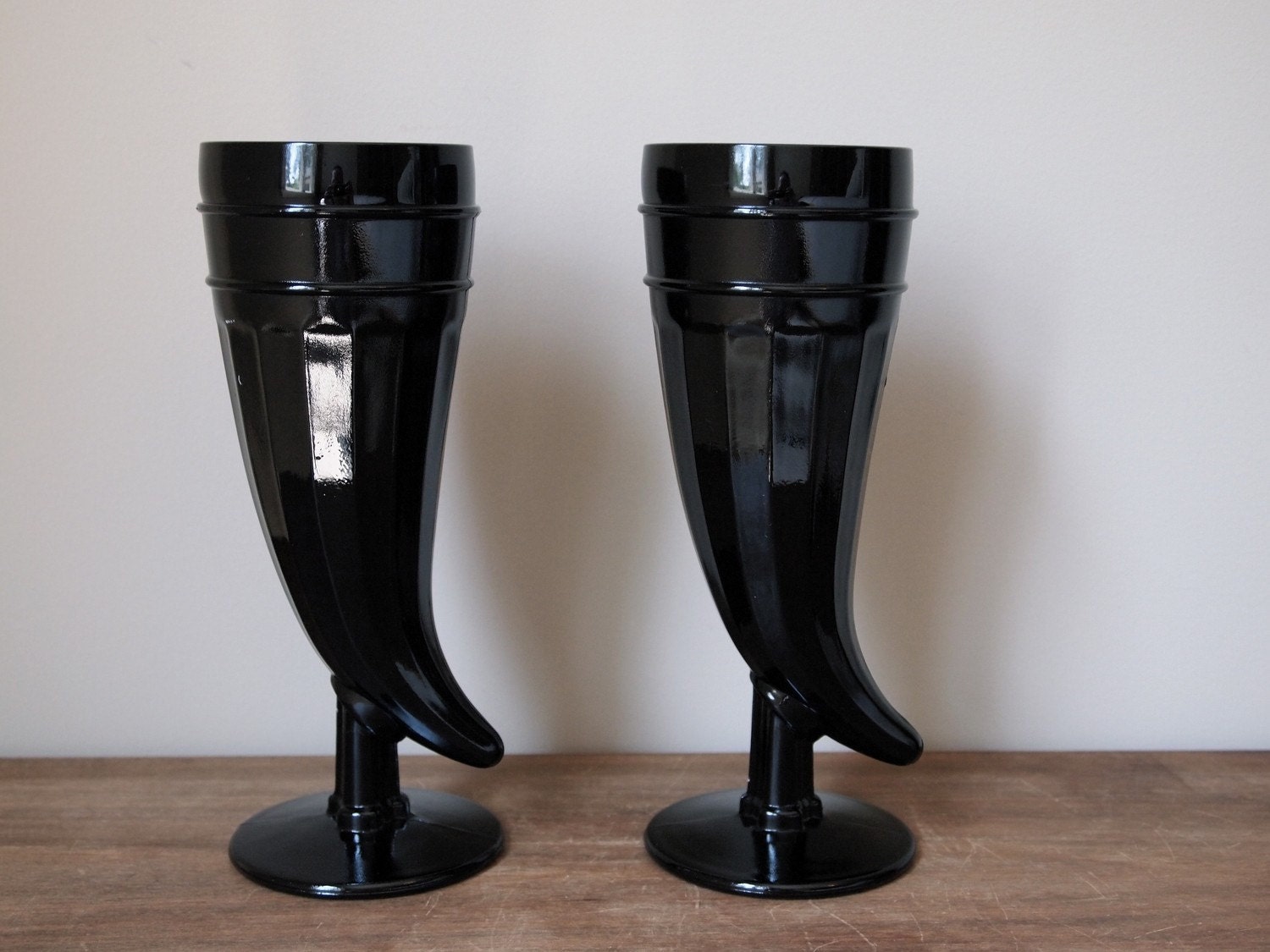 Vintage Black Glass Horn Shaped Vases pair by KingsDownRoad