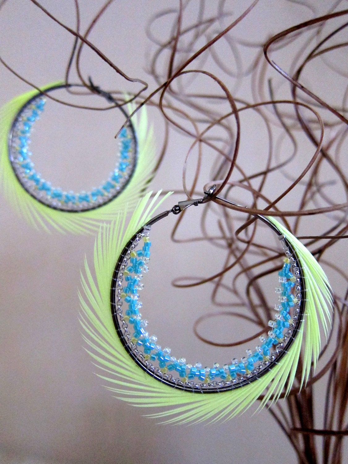 Hoops Earrings (2") - neon yellow spiky feather with yellow and aqua glass beads - amieebyamiee