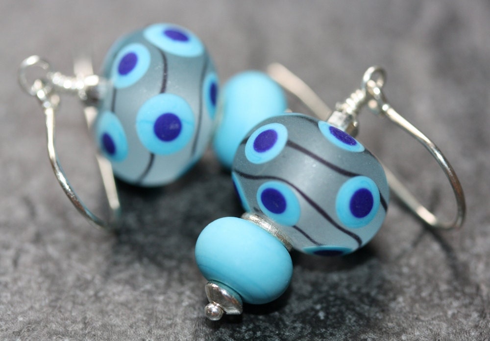 ARB - Fun Modern Sterling Silver Blue Spot Spotty Handmade Lampwork Glass Dangle Earrings