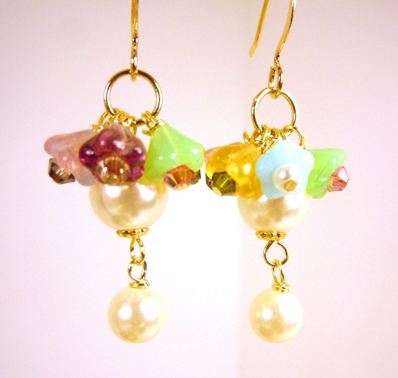 Bridal Pearl Earrings with Czech Glass Flower Botanic Bouquet Custom