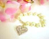 Bridal Pearl Bracelet with Rhinestone Heart Wedding Jewelry