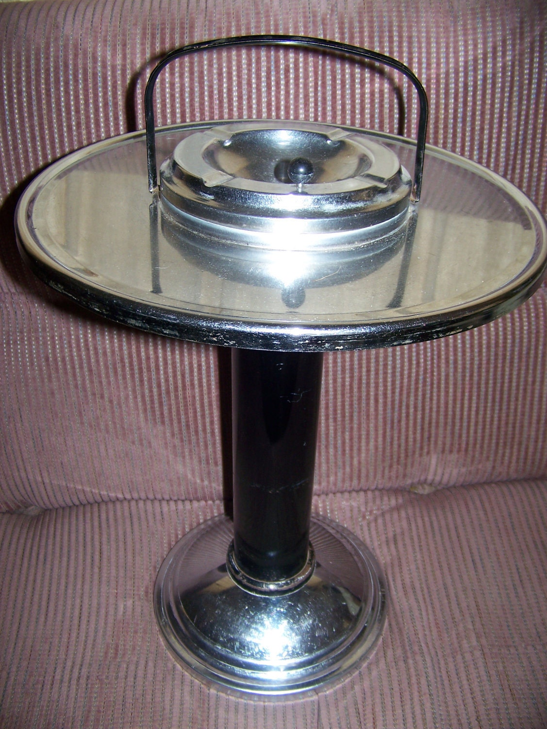 Mid Century Pedestal Ashtray Smoke Stand Chrome and Black Enameled 1950's
