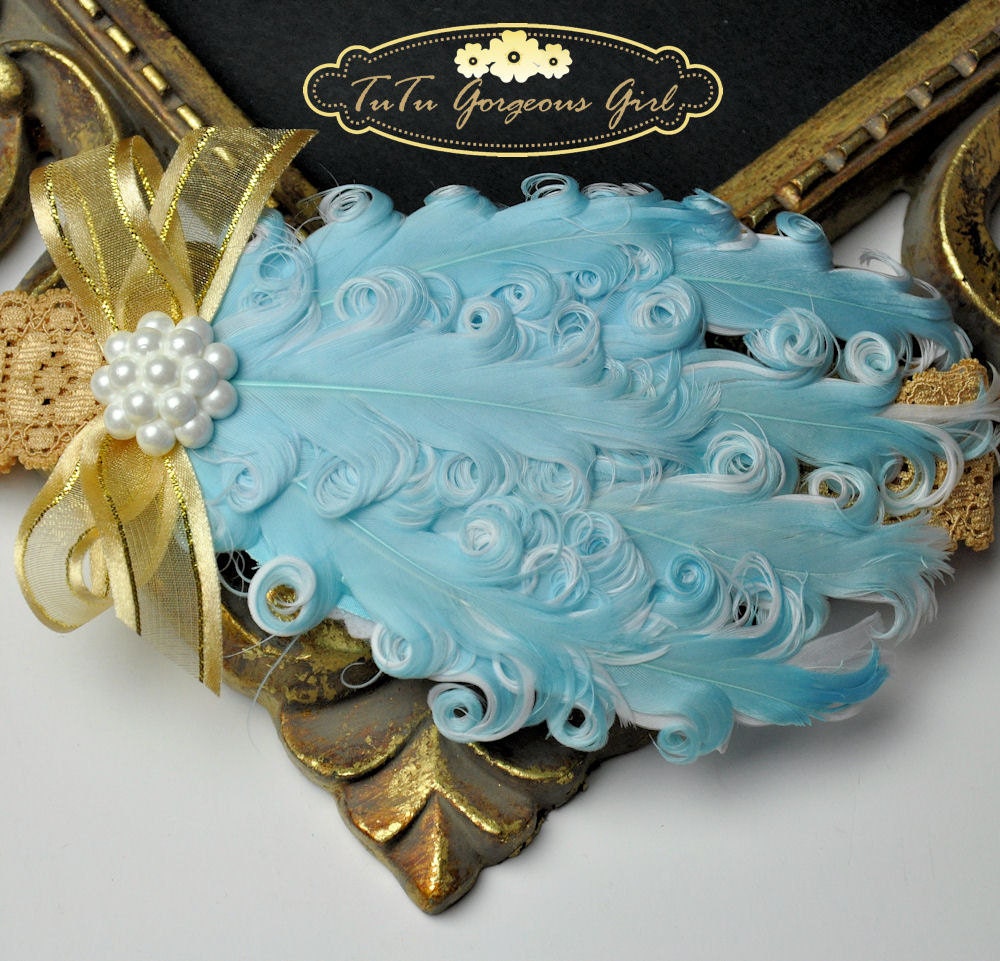 Light Blue & White Layered Curly Feather Headpiece with Gold Stretch Elastic Headband...Newborn, Infant, Toddler, Girls, Adult Sizes
