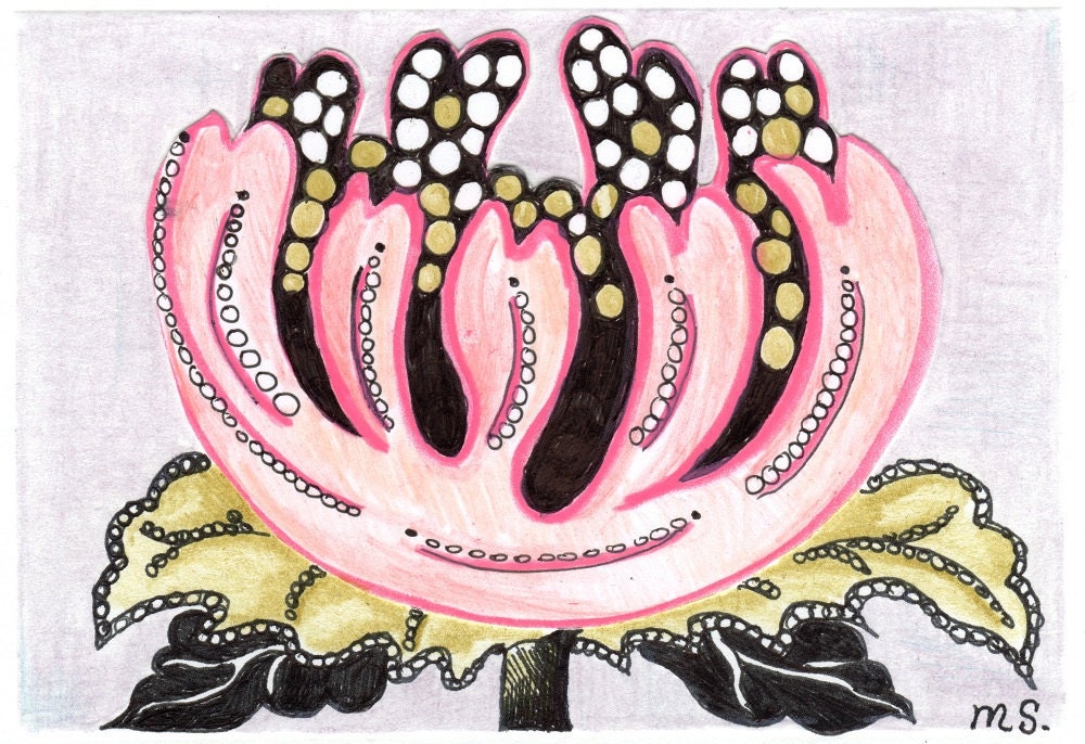 Pen and Ink Drawing Flower Art Card- Pink Passion Spotted Flower- Hand Drawn Paper Cut Out Note Card