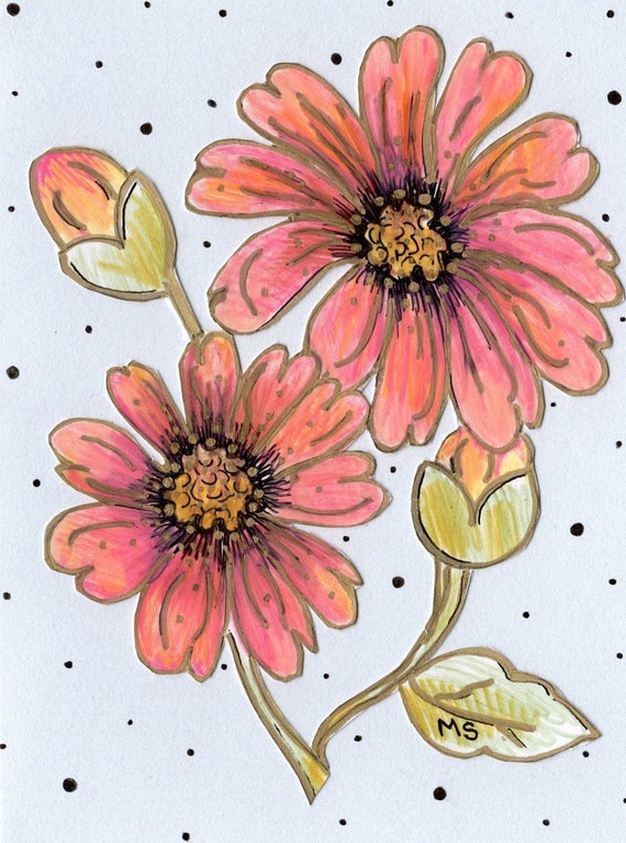 Peach Dahlia Flower Drawing - Art Card -  Hand Drawn Cut Out Metallic Card - Pen and Colored Pencil Drawing