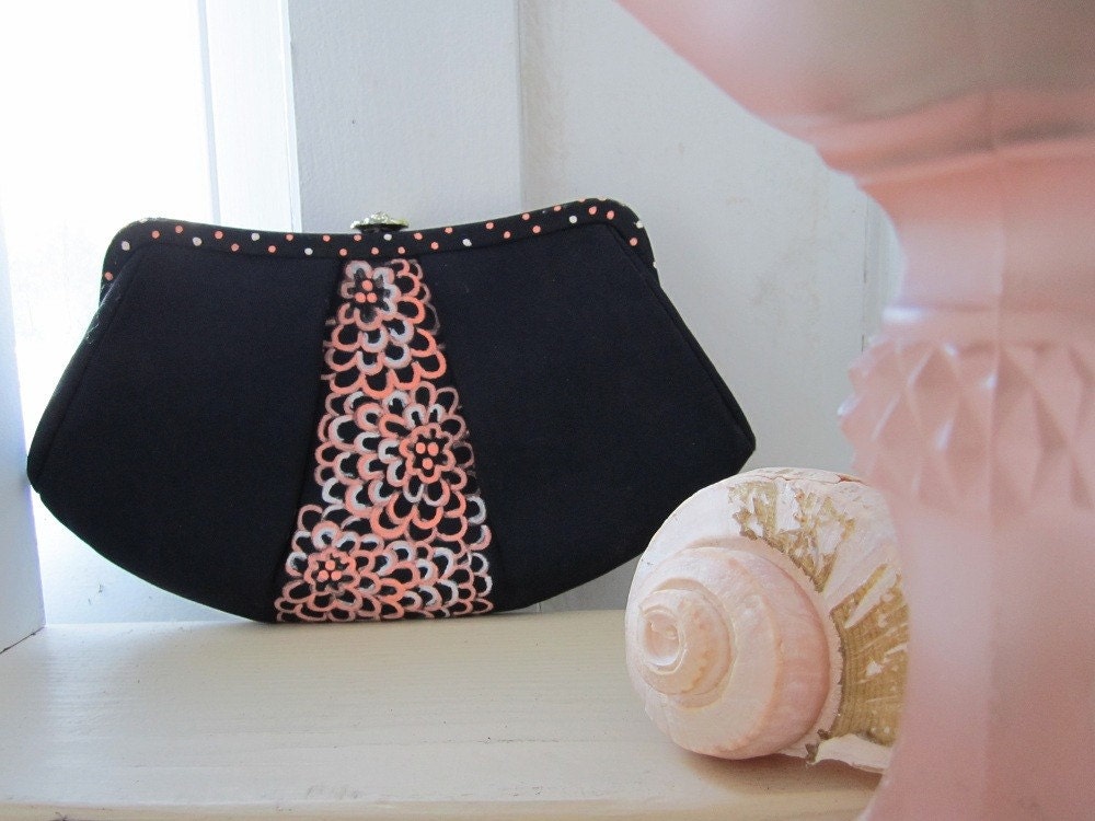 Floral Bag- Hand Painted Vintage Upcycled Admiral Black Faille Clutch Purse Pink Polka Dotted Mums - Evening- Romantic Love