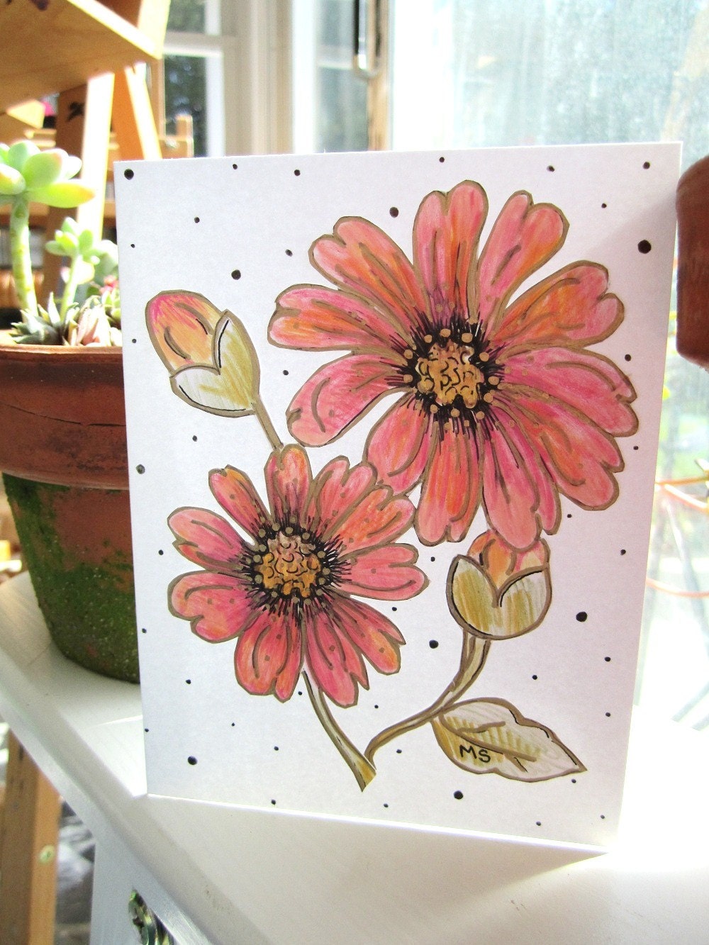 Peach Dahlia Flower Drawing - Art Card -  Hand Drawn Cut Out Metallic Card - Pen and Colored Pencil Drawing