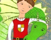 Mixed media painting, boy, dragon, childrens art, 8 x 10  Limited edition print 7/250, "A Boy and His Dragon"