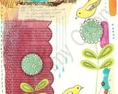 Mixed media collage, Birds, art, flower, rain,  leaves, yellow bird,  8 x 10 limited edition print 1/250,  "Spring Rain"