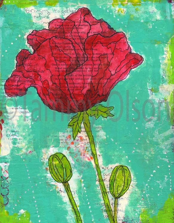 Mixed media painting, poppy,  flower, red poppy,  art collage, 8 x 10 limited edition print 1/250