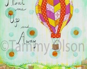 Hot air balloon art, mixed media, collage,  8 x 10 limited edition art print 1/250, "Up and Away"