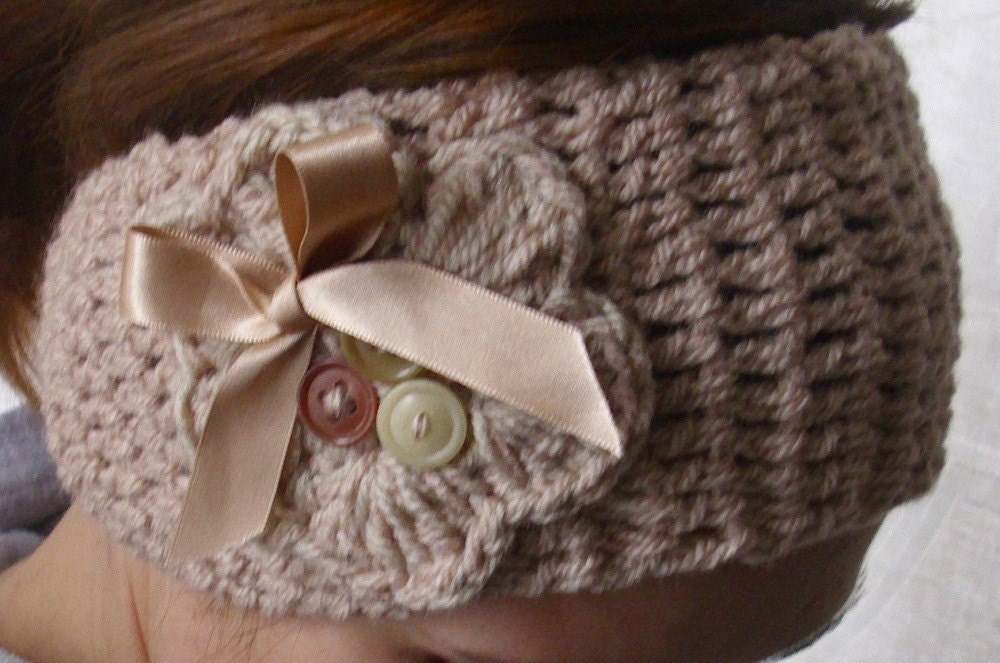 Crochet boho winter headband ear warmer headwrap - Adult size - cream brown