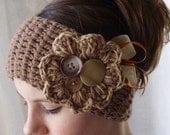Crochet boho headband headwrap - Adult size - brown
