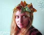 CLEARANCE - Butterfly Woodland Crown With Berries in Autumn Fields - Amber Gold and Green Asymmetrical Headband Headpiece