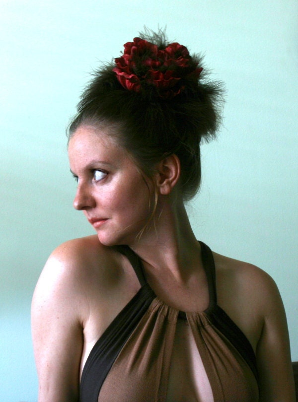CLEARANCE - Feathered Flower Headpiece in Chocolate Covered Cherries - Brick Red Peony and Rich Brown Feather Layered Fascinator