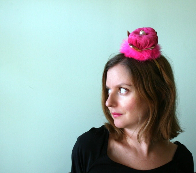SALE - Mini Royal Crown on a Headband in Leia - Hot Pink Velvet and Feathers - Birthday-Bachelorette-Celebration-Queen of Hearts Series