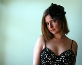 SALE - Flower Fascinator in Black Velvet - Black as Night Rose with Black Polka Dot Netting and Feather Trim