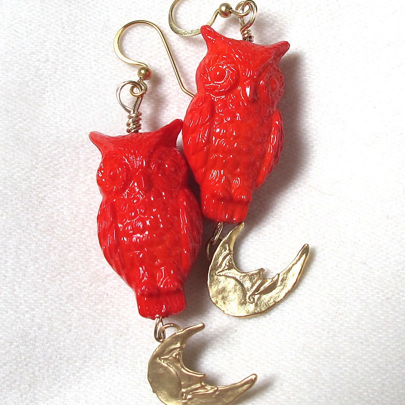 Owl Earrings Vintage Beads Vermeil Moon Matte Gold