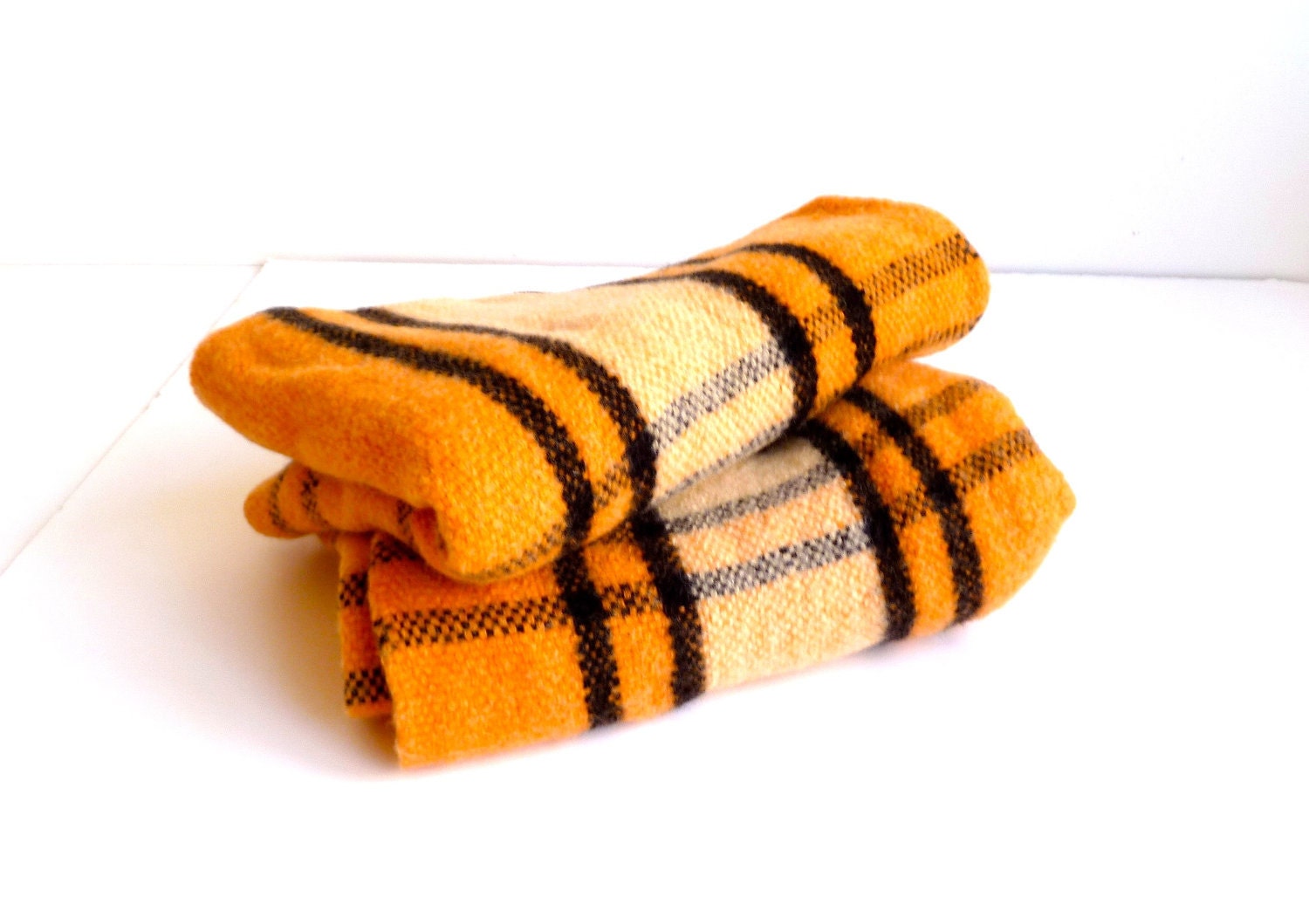 Pair Vintage Camp Blankets ... Orange, Black, Plaid, Cottage, Cabin, Tangerine