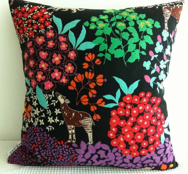 Japanese black and colorful cushion cover with animal and plant motif, throw pillow, decorative cushion