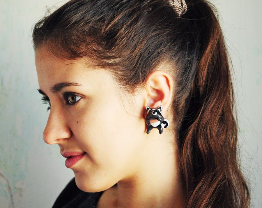 Raccoon earrings ear studs fake gauges - woodland earrings, cute animal, fun earrings, gray forest, gift for her girl - made to order