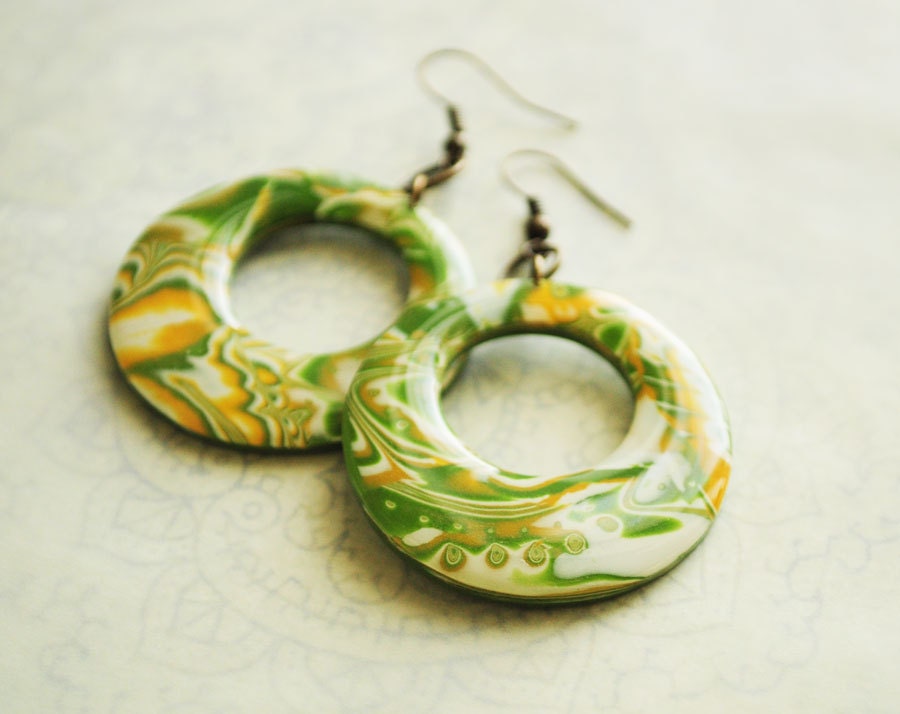 Green hoop earrings from polymer clay OOAK - mustard jewelry, yellow earrings, nature, mother's day, gift for her - ready to ship