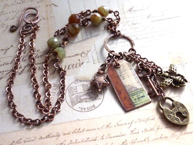 Assemblage Charm Necklace Vintage Style Mixed Metal Resin Tag Lock Key Star
