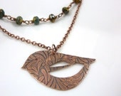 Bird Necklace Etched Copper Metal Double Strand Light Blue Beaded Pendant Whimsical