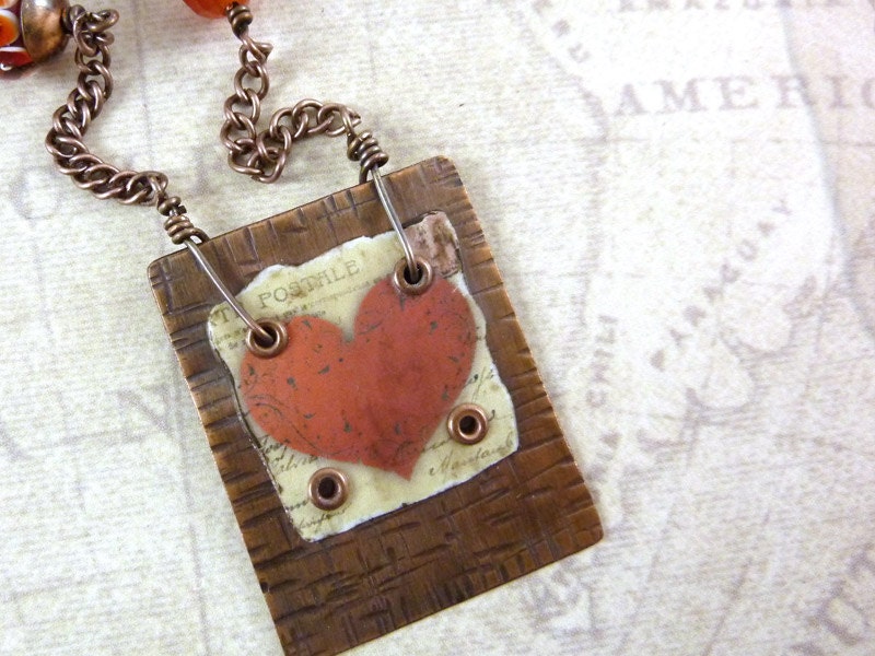 Resin Collage Necklace Red Heart Copper Pendant Lampwork Beads Stamped Tag