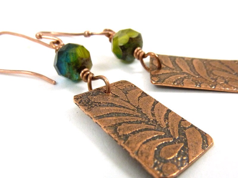 Copper Earrings Etched Metal Green Blue Czech Glass Dangles