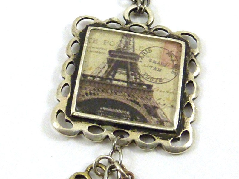 Paris Eiffel Tower Charm Necklace Resin Collage Bezel Vintage French Postcard Silver Pendant