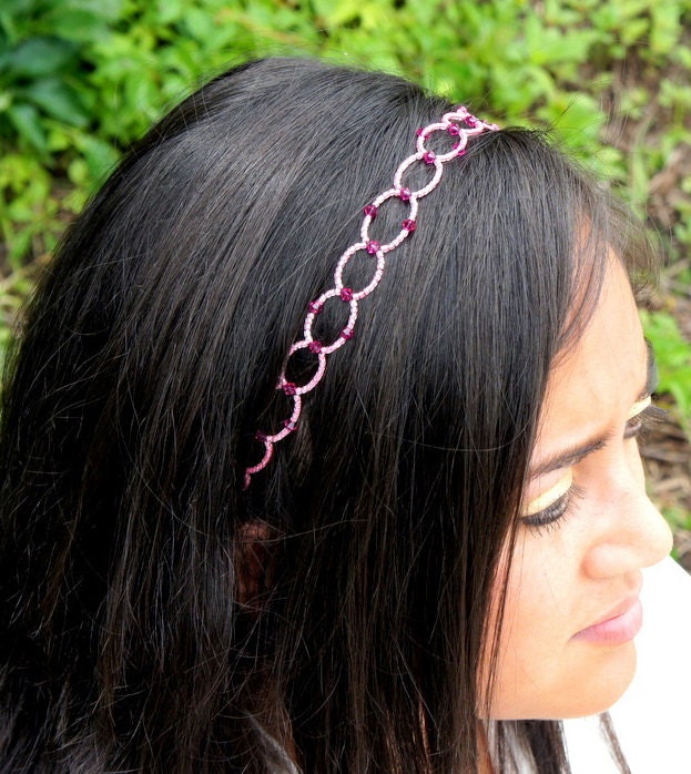 Bright Pink Beaded Headband with Magenta Swarovski Crystals - Tie on - No Headaches